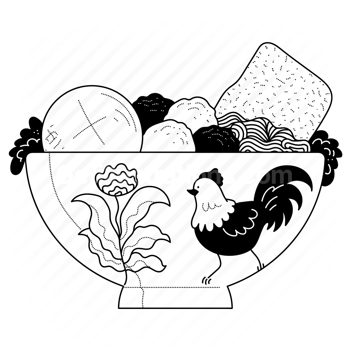 bowl, meal, salad, egg, bread, decoration, chicken, flower, floral